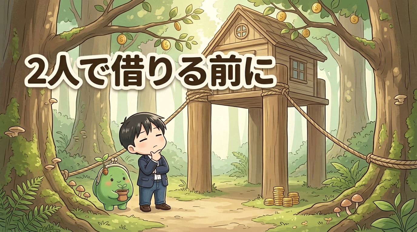 2本の柱と縄で支えられた森の家を見上げるユキとモリガマ