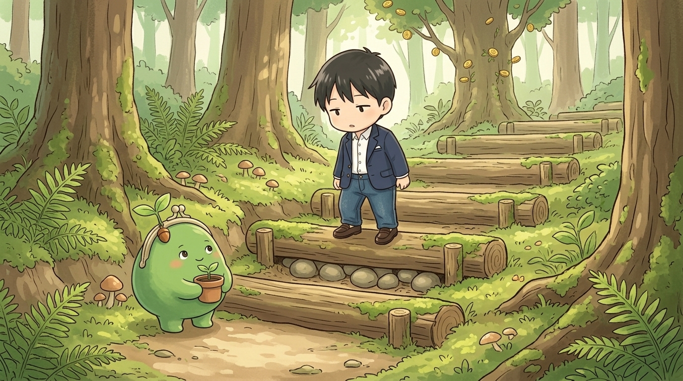 森の階段を一段のぼったのに浮かない顔で足元を見るユキと、見上げるモリガマ